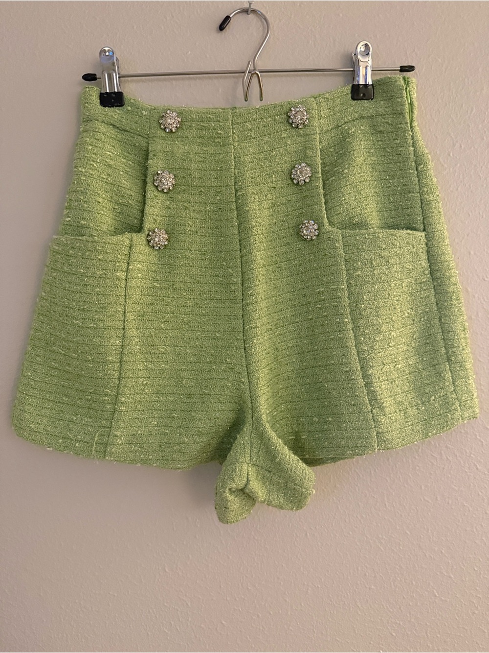 En Saison Light Green Tweed High-Waist Shorts with Jeweled Buttons